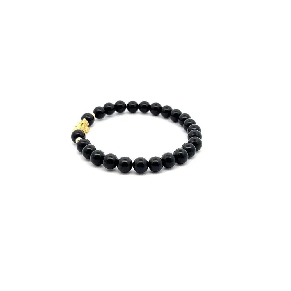 18K Gold Dragon Pixiu Piyao Lucky Charm Beads Bracelet Gemstones Onyx 6mm Size 6 - Picture 3 of 5